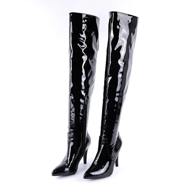 Zeigte Super Hohe Stiletto Patent Leder Über-Die-Knie Stiefel Helle Leder Kurze Plüsch Seite Zipper Stiefel