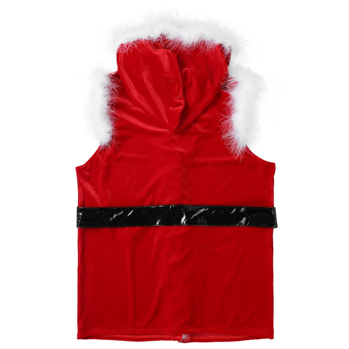 Mens Christmas Santa Claus Costum Red Green Velvet Hooded Vests Jacket Sleeveless Faux Fur Trimming Vest with Leather Belt