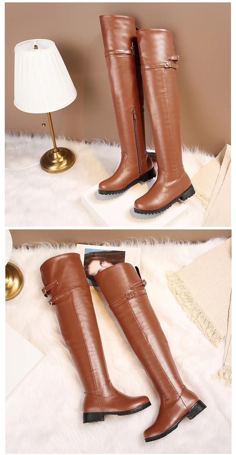 Klassische PU Übergroßen Stiefel Warme Winter Stiefel Metall Reißverschlüsse Komfortable Plüsch Schnalle frauen Stiefel Verfügbar für 48yards 47yards