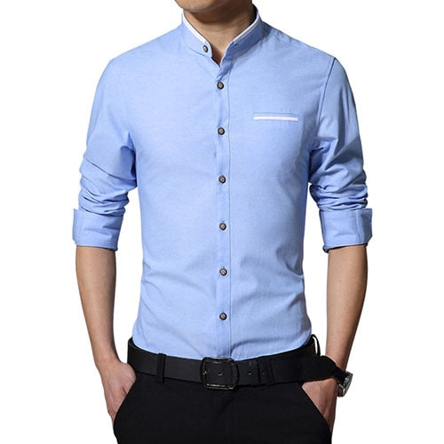 New Shirt Men Casual Long Sleeve Mandarin Collar Slim Fit Shirts Fashion Mens Business Dress Shirts Four Searsons Plus Size 5XL