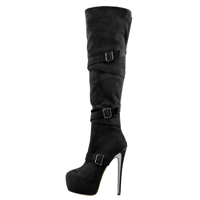 Only maker Frauen schwarze Plattform über dem Knie Stiefel 16cm High Heel Stiletto Schnalle High Back Reiß verschluss Plus Size Stiefel