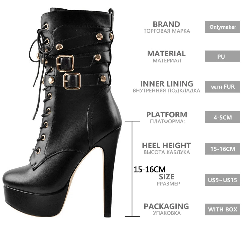 Onlymaker frauen Plattform Stiefeletten Hohe Dünne Ferse Mode Heels Metall Platten Schnalle Zip Lace Up Stilettos Stiefel