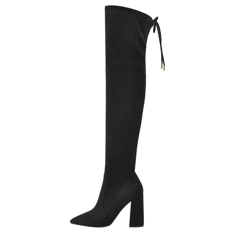 Only maker Damen spitzen Zehen über dem Knie Stiefel klobige High Heel schwarz pu Faux Wildleder zurück Reiß verschluss Winters tiefel Schuhe