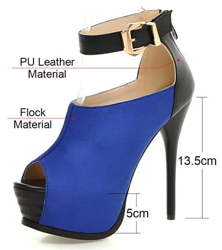 Sommer Frauen Plattform Pumpen Hohe Dünne Ferse Peep Toe Sandalen Blau Herde Patchwork Party Büro Damen Zipper Ankle Strap Stiletto