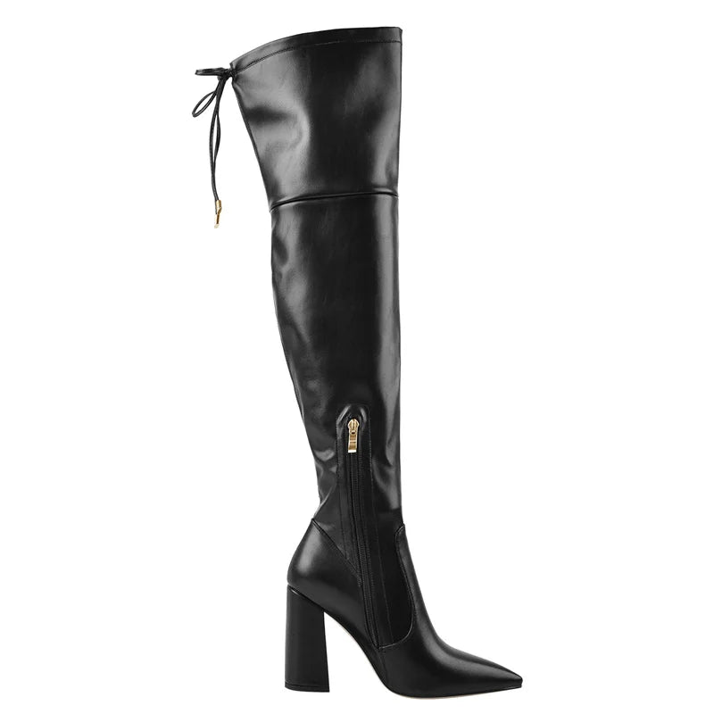 Only maker Damen spitzen Zehen über dem Knie Stiefel klobige High Heel schwarz pu Faux Wildleder zurück Reiß verschluss Winters tiefel Schuhe