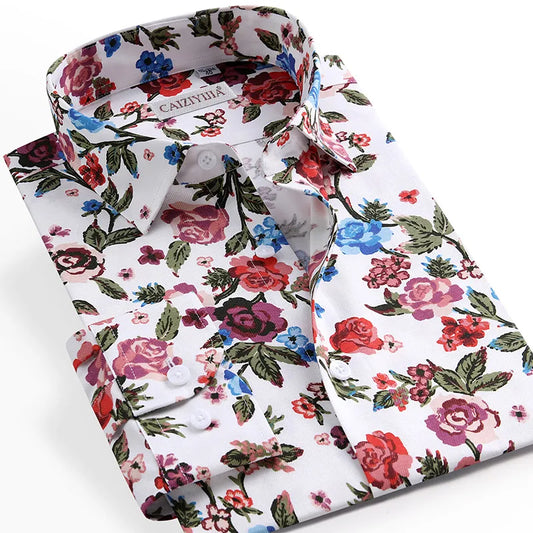 Men&#39;s Beach Floral Printed Blouse Casual Hawaiian Shirts Without Pocket Long Sleeve Standard-fit Stylish Flowers Tops Shirt