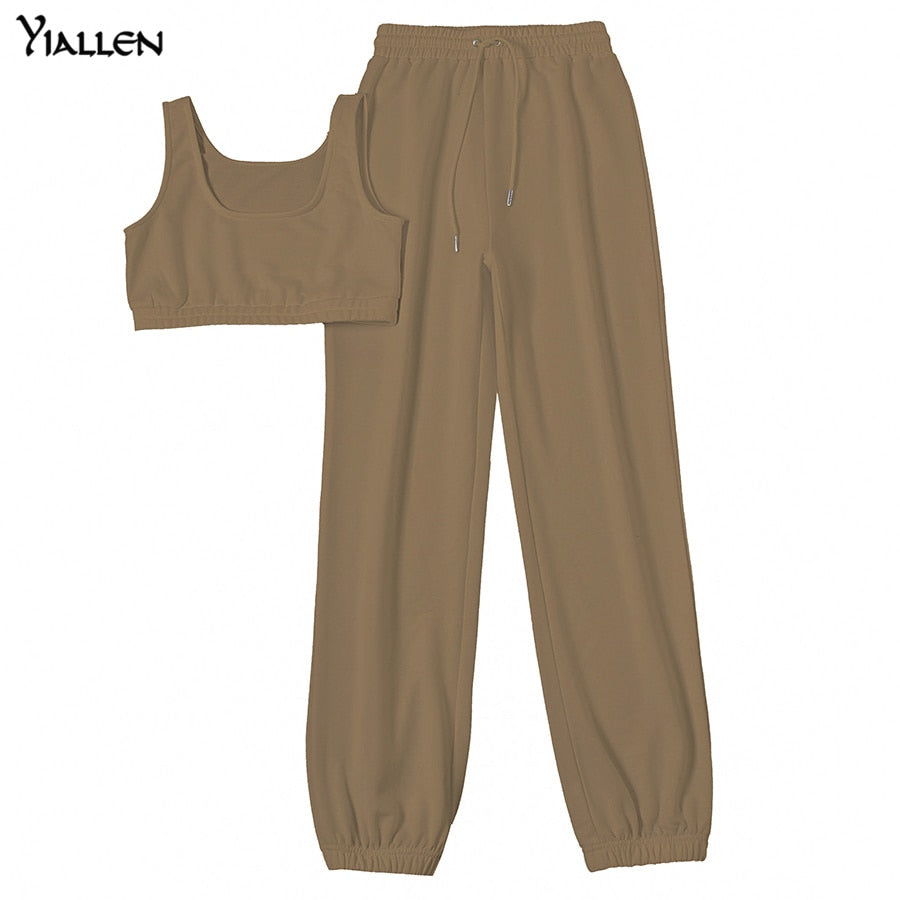 Yiallen Solid Skinny Stretch Two Pieces Women Tracksuit Casual Crop Tops+Skinny Stretch Outwear Slim Leggings Sportswear Hot
