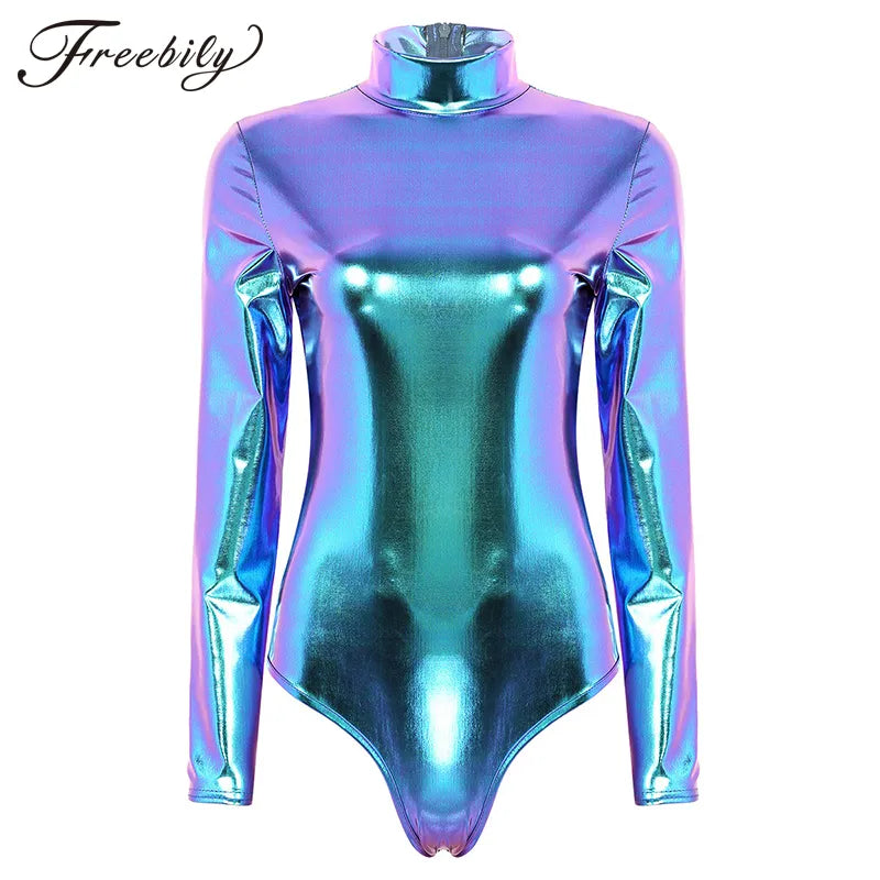 gymnastics leotard metallic gymnastics clothes holographic dance leotard for women long sleeve high neck shinny ballet leotard