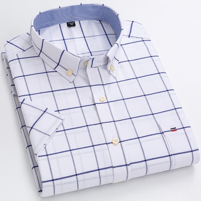 Men&#39;s Summer Casual Short Sleeve 100% Cotton Thin Oxford Shirt Single Patch Pocket Standard-fit Button-down Plaid Striped Shirts