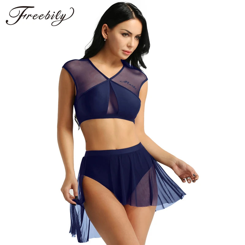 Women Asymmetrical Ballet Tutu Dancewear Female Mesh Splice Crop Top with Leotard Skirt Adult  Stage Lyrical Dance Costumes Set