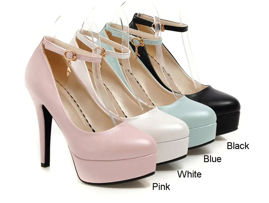 Weiße Party Frauen Plattform Pumps High Spike Ferse runde Zehen schwarz blau rosa Pu Hochzeit Büro Club Dame Knöchel riemen dünne Stilett