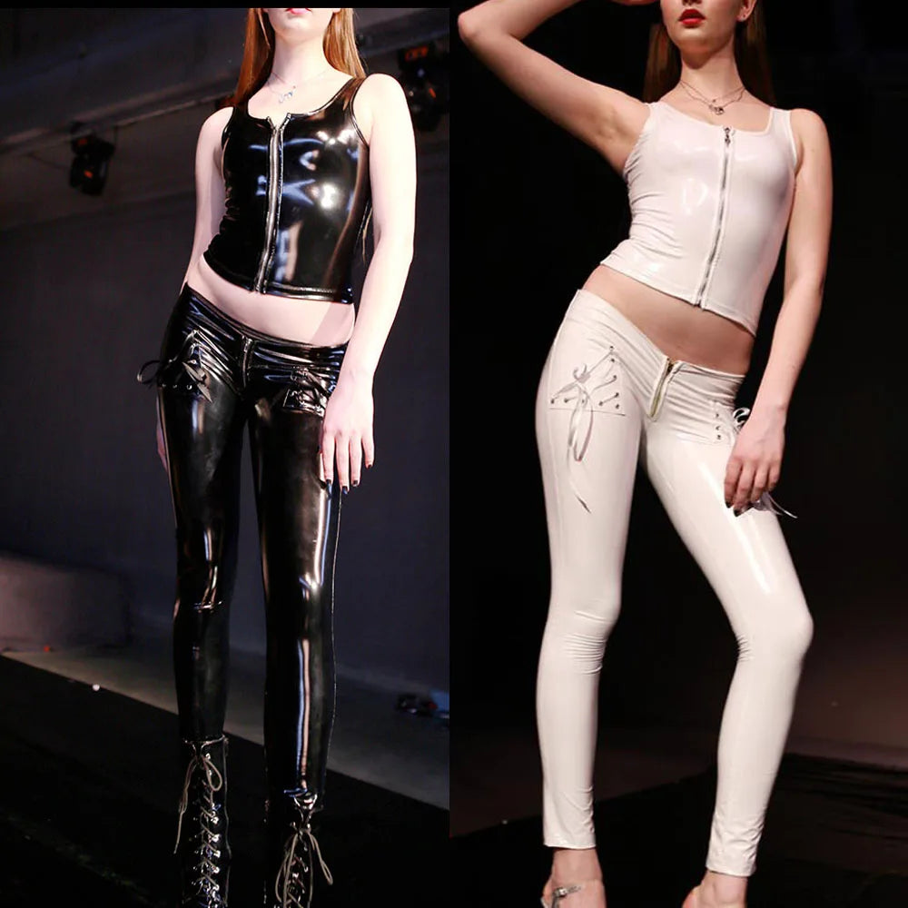 Low Waist Wet Look Sexy PVC Faux PU Leather Penicl Pants Shiny Leggings Bandage Spodnie Streetwear Trousers Punk Night Clubwear