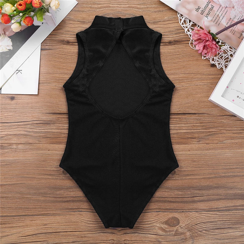 Girls Ballet Dance Leotard Sleeveless Open Back High Mock-Turtleneck Neck Cutout Back Ballet Gymnastics Leotard Body Suit