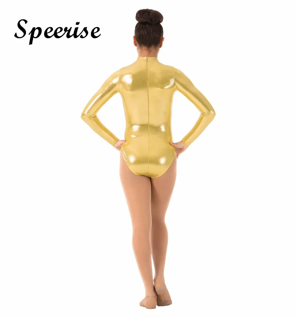 Speerise Adult Silver Turtleneck Shiny  Gymnastics Leotard Costumes Ballet Dance Long Sleeve Zip Up Metallic Tank Leotard