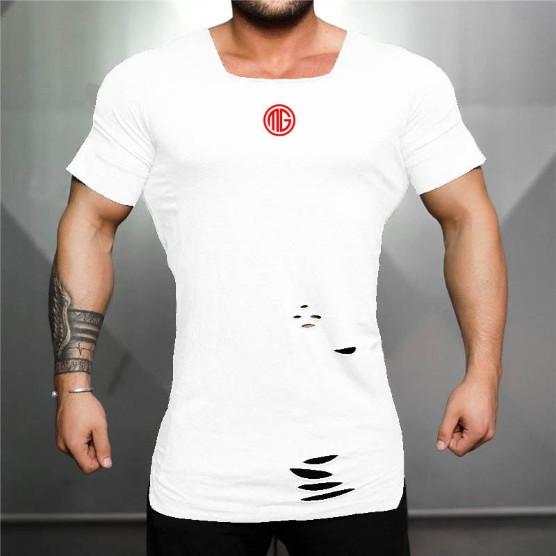 Muscleguys Brand Extend Long T Shirt Men Fashion Vintage Hole Fitness Tshirt Summer Short Sleeve Gyms Slim Fit T-shirt Hip Hop