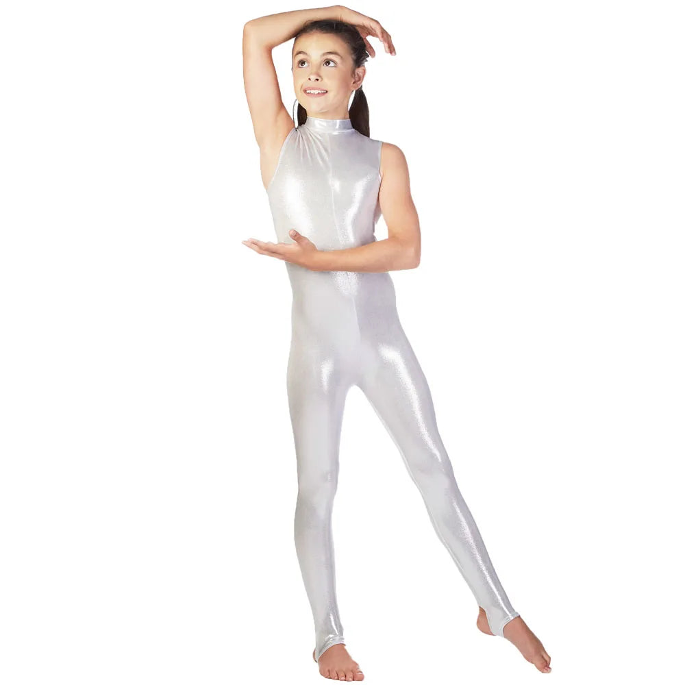 Speerise Kids Sleeveless Shiny Metallic Unitard Stirrups Dance Gymnastics Girl Dance Stage Performance Show Zentai Free shipping