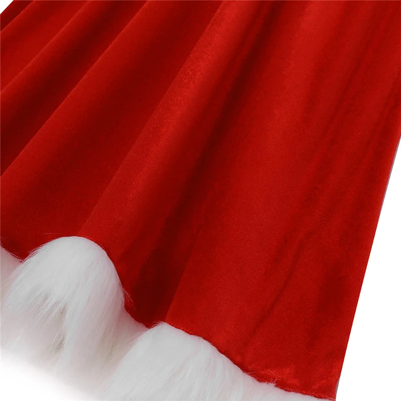 New Year Christmas Dress Women Adult Xmas Santa Costume Sexy Costume Long Sleeve Plush Warm Hooded Fancy Pleated Dresses