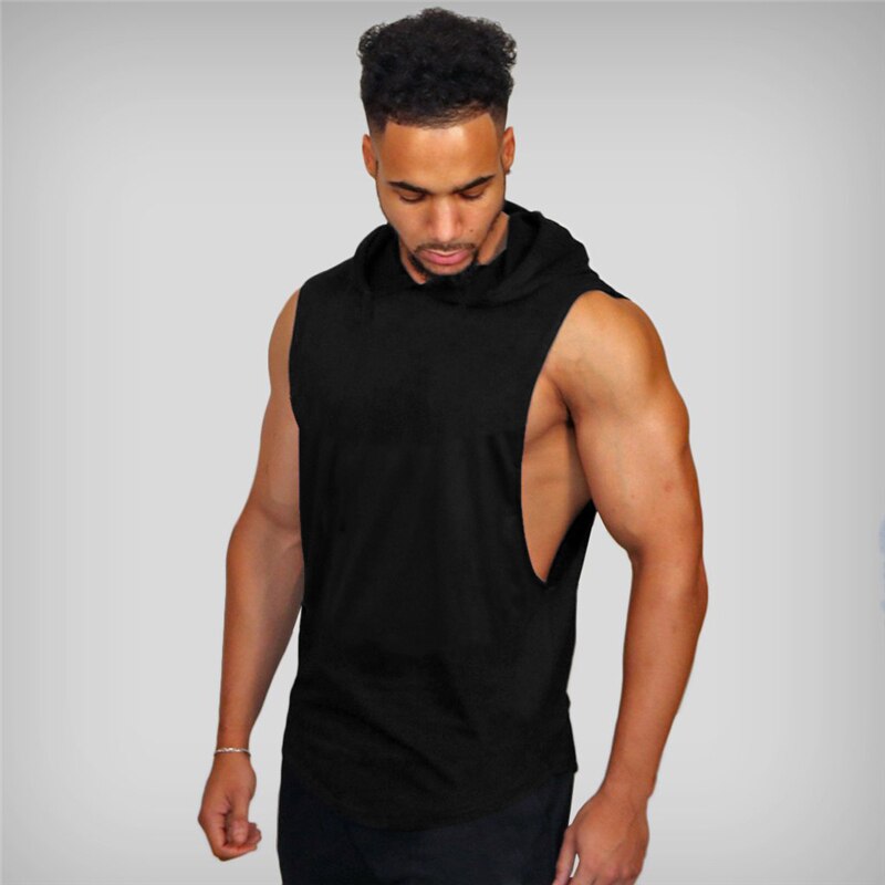 New Men Bodybuilding Tank Tops Gyms Fitness Workout Sleeveless Hoodies Man Casual Solid Hooded Vest Male Muscle Guys Clothing