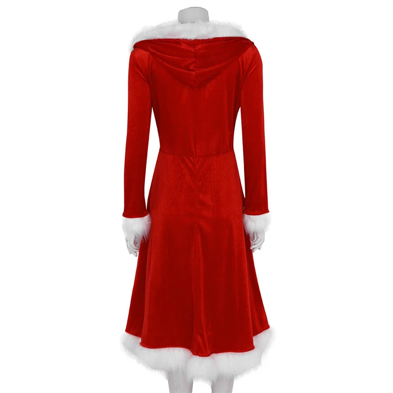 New Year Christmas Dress Women Adult Xmas Santa Costume Sexy Costume Long Sleeve Plush Warm Hooded Fancy Pleated Dresses