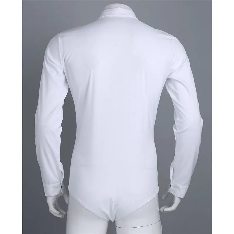 FREEBILY Professional Men Dance Shirt White Men Long Sleeve Zipper Latin Modern Dance Shirt with Bowtie Men 1pc Romper Shirt