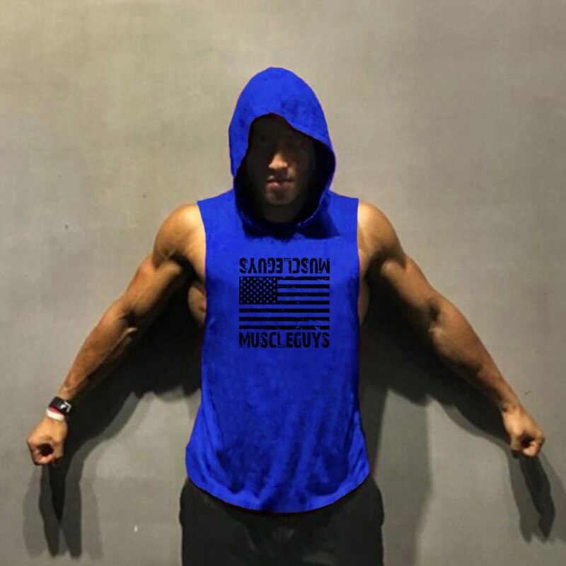 Muscleguys American flag Print Bodybuilding Sleeveless Hoodies Men Sporting Fitness hooded Tank Top Men Gyms Clothing Hoody