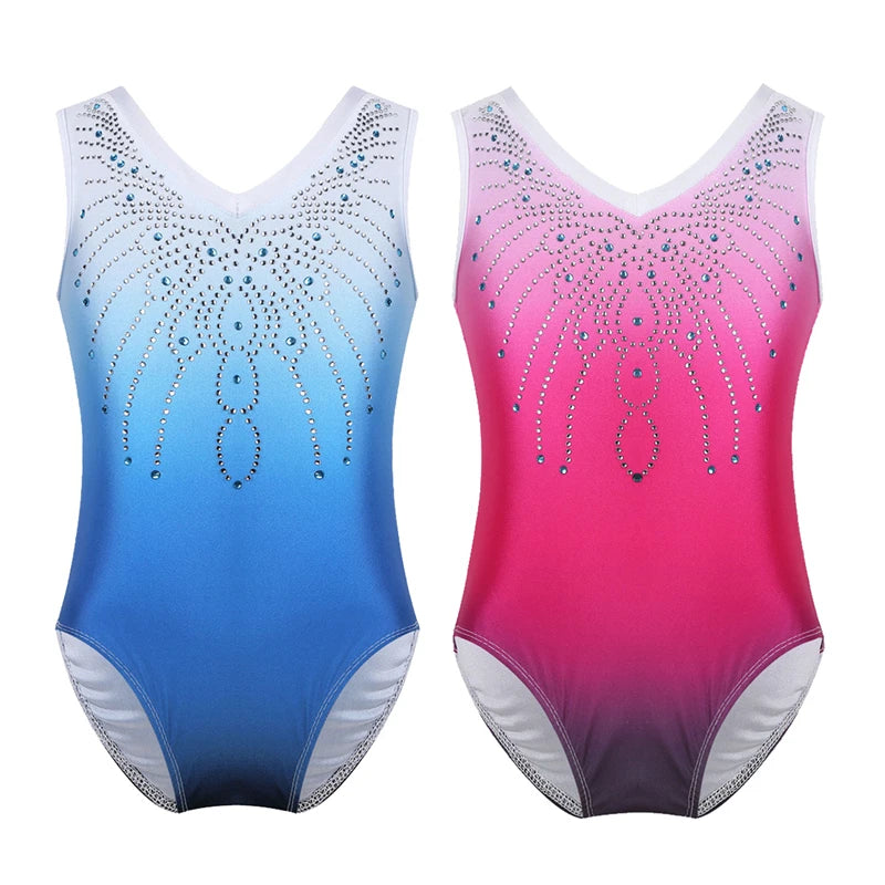 Kids Girls Sleeveless Shiny Rhinestone Ballet Dance Gymnastics Leotard One-Piece Swimsuit V Shaped Neck Kids Dance Wear