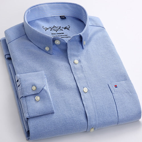 Men&#39;s Long Sleeve Oxford Plaid Striped Casual Shirt Front Patch Chest Pocket Regular-fit Button-down Collar Thick Work Shirts