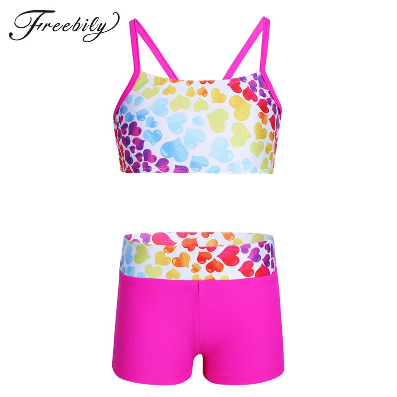 New Children Girls Polka Dot Strappy Top Bra and Shorts Set for Swimwear Gymnastics Leotard Dancing Exercise Workout Outfits