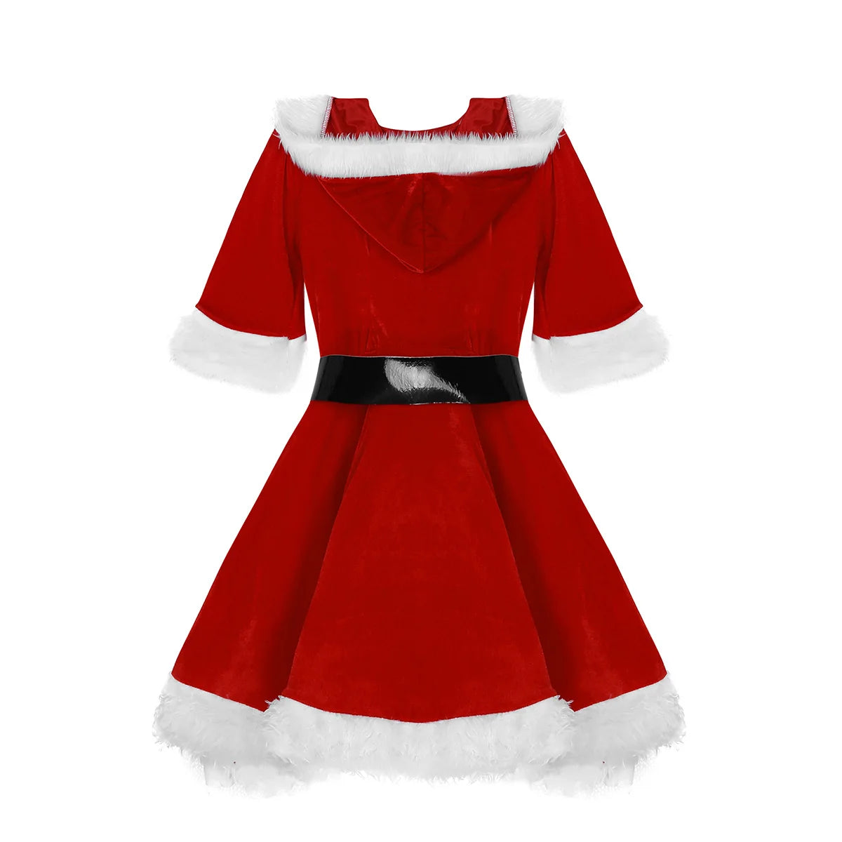 Women Velvet V Neck Hooded Christmas Dress Winter Santa Mrs Claus Costume Fancy Dress Sexy Cosplay Costume Party Dress with Belt