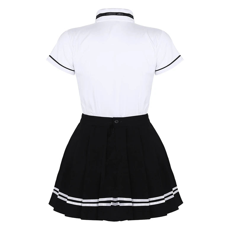 Korean Schoolgirl uniform White Top Black Skirt with Badge and Tie for Japanese Sailor Uniforms Student Cosplay Costume Suit