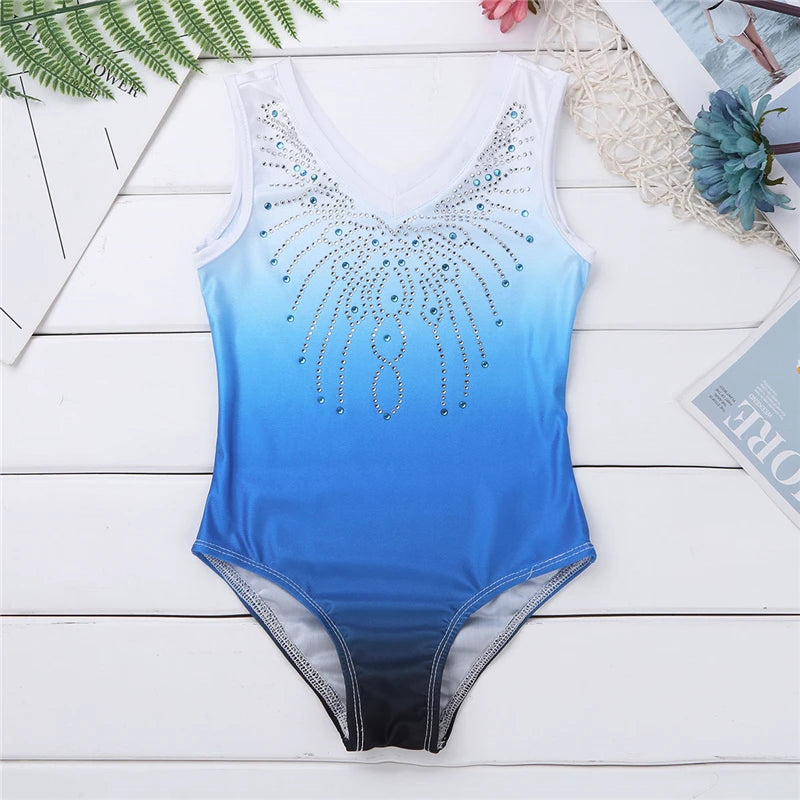 Kids Girls Sleeveless Shiny Rhinestone Ballet Dance Gymnastics Leotard One-Piece Swimsuit V Shaped Neck Kids Dance Wear