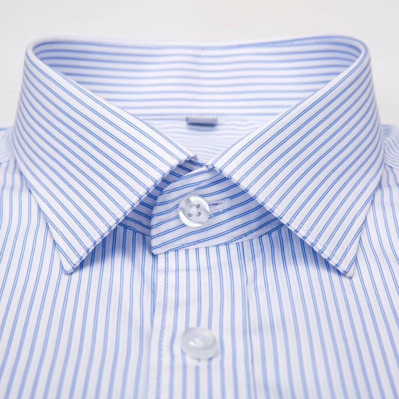Men&#39;s Classic 100% Cotton Non Iron Shirts Single Patch Pocket Long Sleeve Standard-fit Formal Business Plaid Striped Dress Shirt