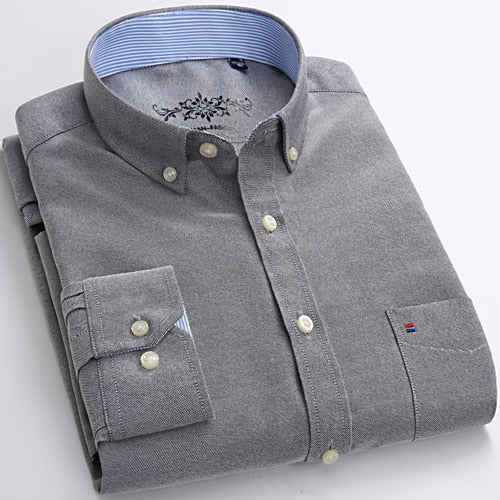 Men&#39;s Long Sleeve Oxford Plaid Striped Casual Shirt Front Patch Chest Pocket Regular-fit Button-down Collar Thick Work Shirts