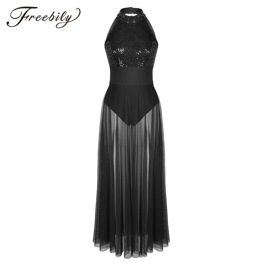 High Quality Halter Sequined Mesh maxi dress for Women Adult Ballet and Lyrical Contemporary Dancing Stage Performance Costumes