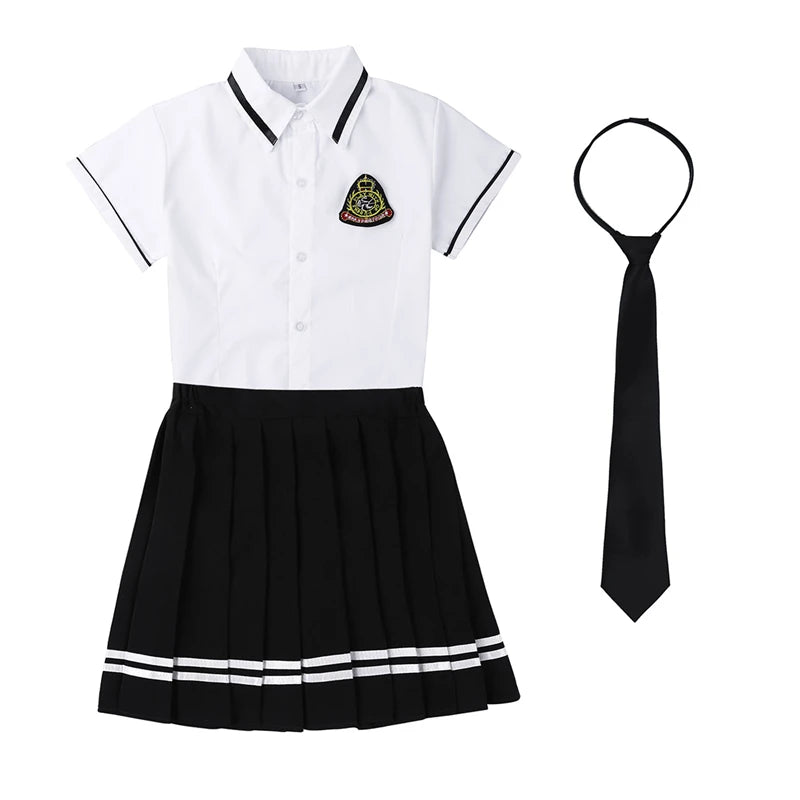 Korean Schoolgirl uniform White Top Black Skirt with Badge and Tie for Japanese Sailor Uniforms Student Cosplay Costume Suit