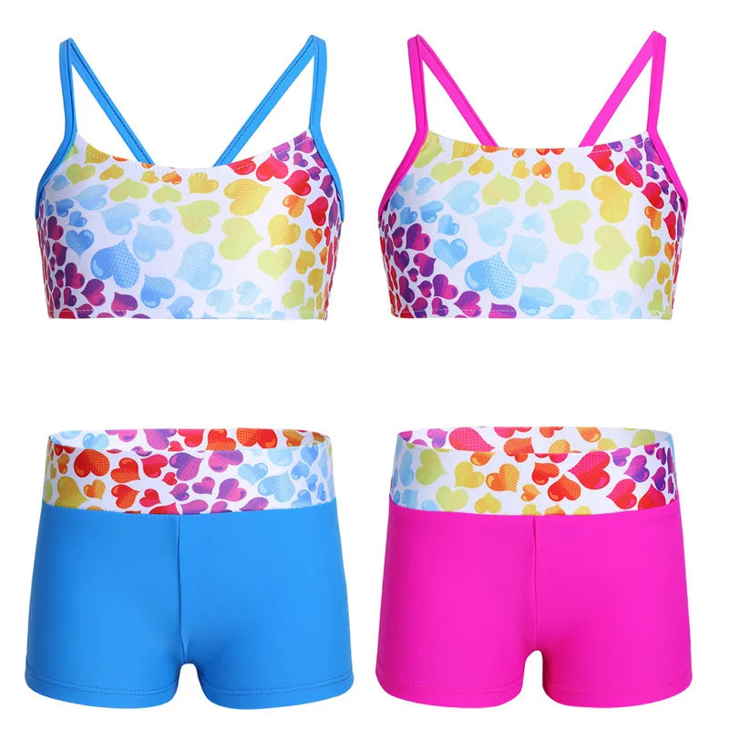 New Children Girls Polka Dot Strappy Top Bra and Shorts Set for Swimwear Gymnastics Leotard Dancing Exercise Workout Outfits