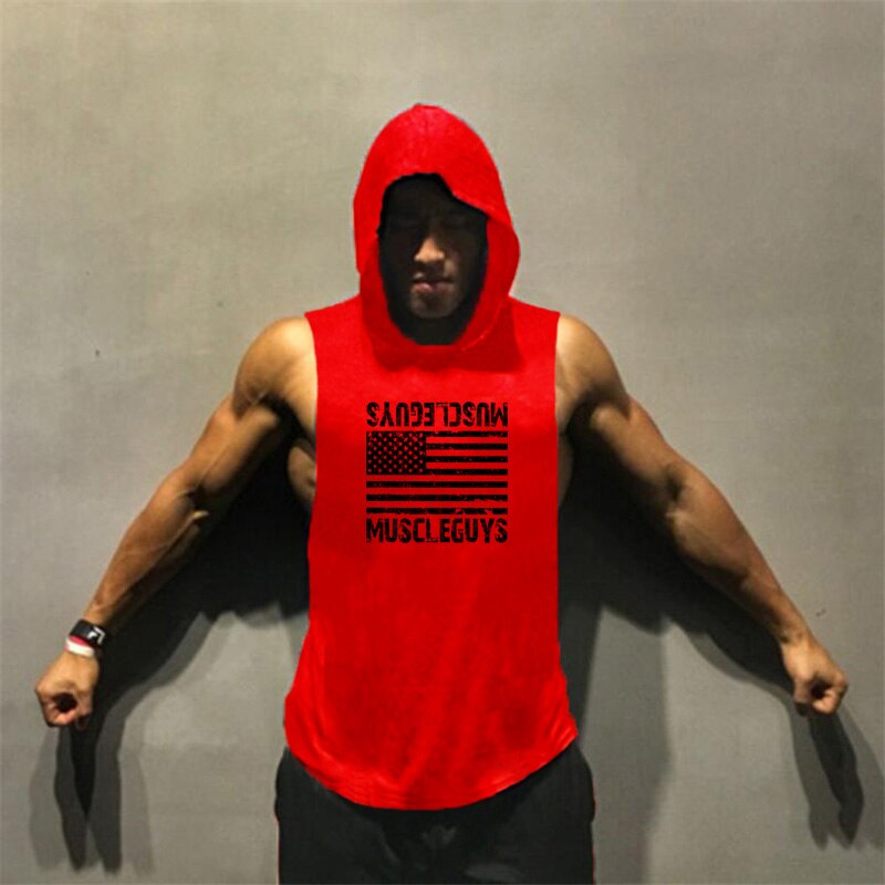 Muscleguys American flag Print Bodybuilding Sleeveless Hoodies Men Sporting Fitness hooded Tank Top Men Gyms Clothing Hoody