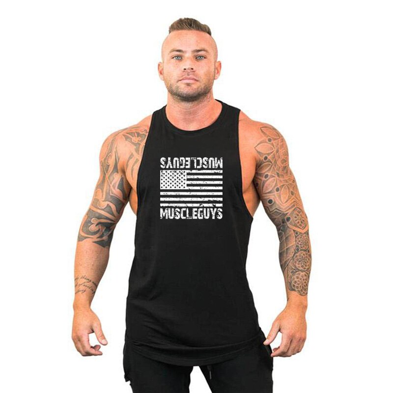 Muscleguys American flag Print Bodybuilding Sleeveless Hoodies Men Sporting Fitness hooded Tank Top Men Gyms Clothing Hoody