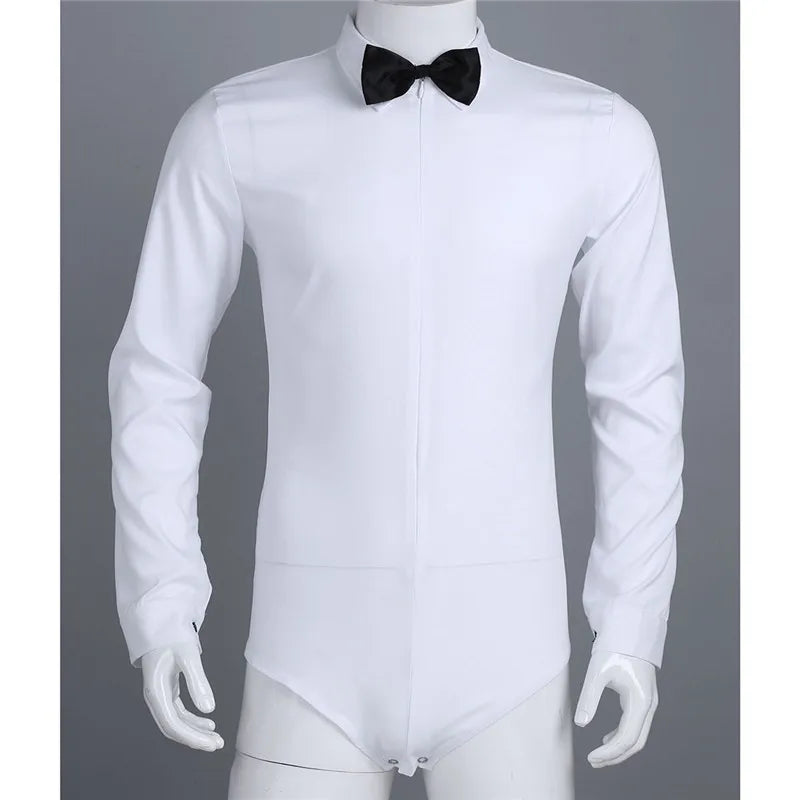 FREEBILY Professional Men Dance Shirt White Men Long Sleeve Zipper Latin Modern Dance Shirt with Bowtie Men 1pc Romper Shirt