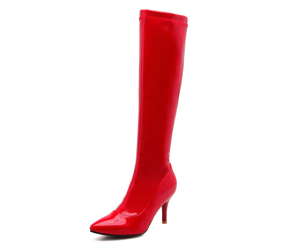 Winter Herbst Frauen Kniehohe Stiefel 8cm Dünne Spike Heels Red Patent Leder Sexy Party Club Spitz Zipper reiten Lange Stiefel