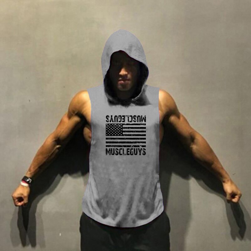 Muscleguys American flag Print Bodybuilding Sleeveless Hoodies Men Sporting Fitness hooded Tank Top Men Gyms Clothing Hoody