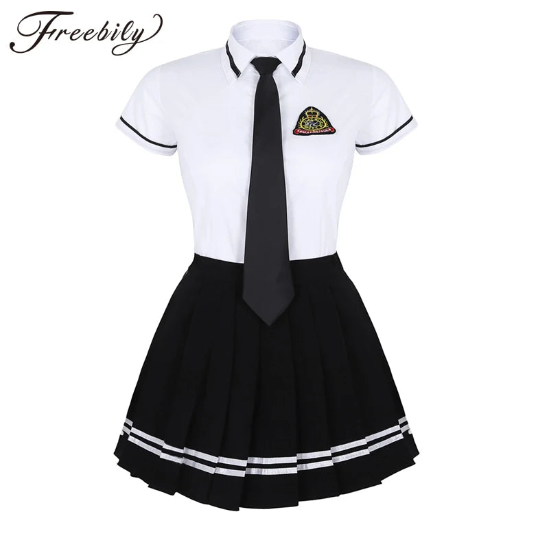 Korean Schoolgirl uniform White Top Black Skirt with Badge and Tie for Japanese Sailor Uniforms Student Cosplay Costume Suit