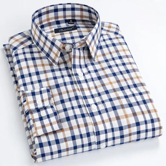 Men&#39;s Fashion Button Down Plaid Cotton Shirt Single Patch Pocket Long Sleeve Comfortable Standard-fit Casual Checkered Shirts