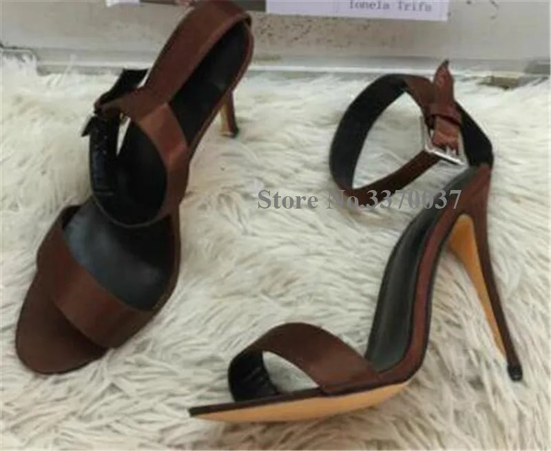 Damen-Sandalen im klassischen Stil, Kaffee-Satin, ein Riemen, Stiletto-Absatz, Knöchelriemen, Schnalle, High-Heel-Sandalen, formelle Kleidung, Schuhe mit Absätzen