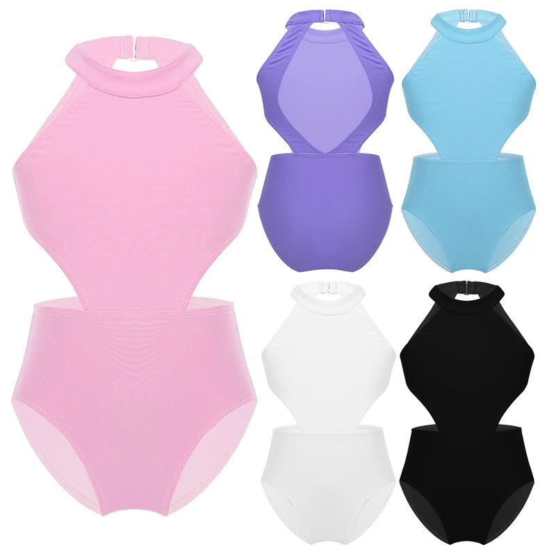 Kids Girls Professional Ballet Body Jumpsuit Sleeveless Halter Cutouts on Waist Backless Ballet Gymnastics Leotard Dancewear