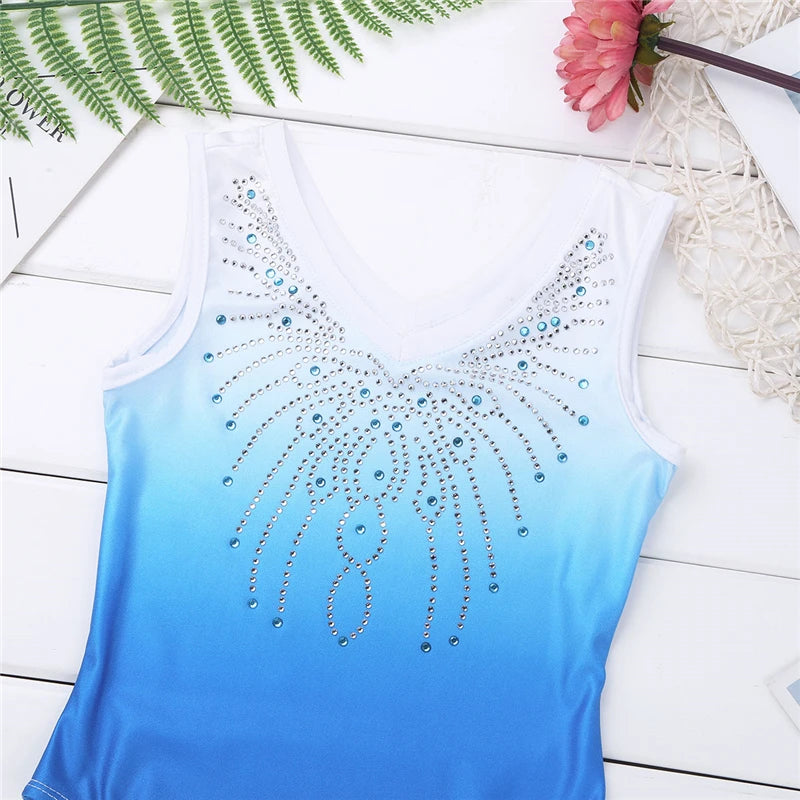 Kids Girls Sleeveless Shiny Rhinestone Ballet Dance Gymnastics Leotard One-Piece Swimsuit V Shaped Neck Kids Dance Wear