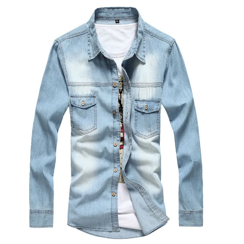 New Men&#39;s Denim Shirts Male Overshirt Long Sleeve Casual Blouse Retro Cowboy Shirts Men Clothing AF8001