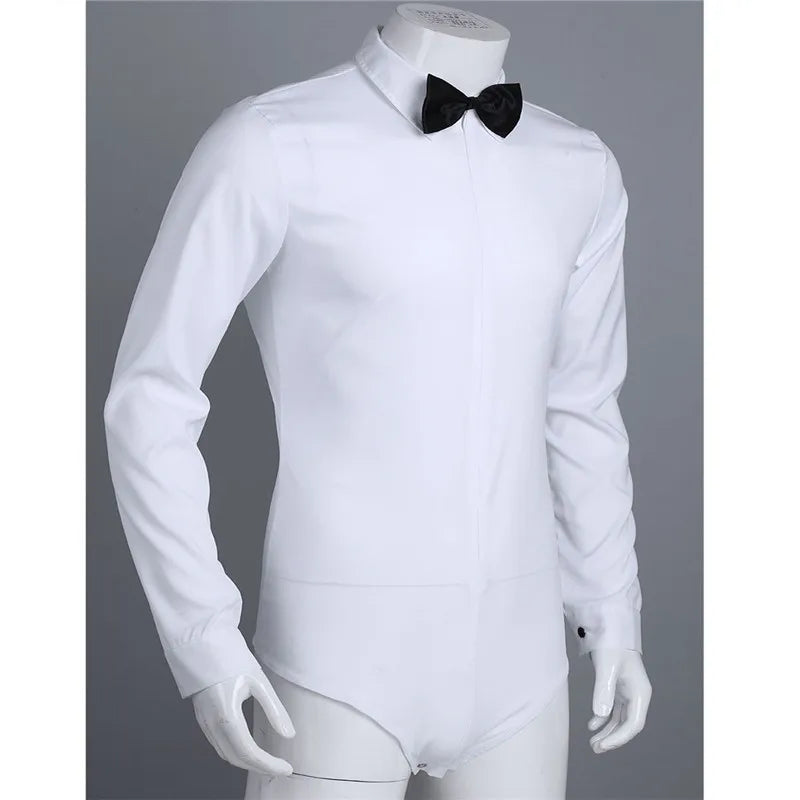 FREEBILY Professional Men Dance Shirt White Men Long Sleeve Zipper Latin Modern Dance Shirt with Bowtie Men 1pc Romper Shirt