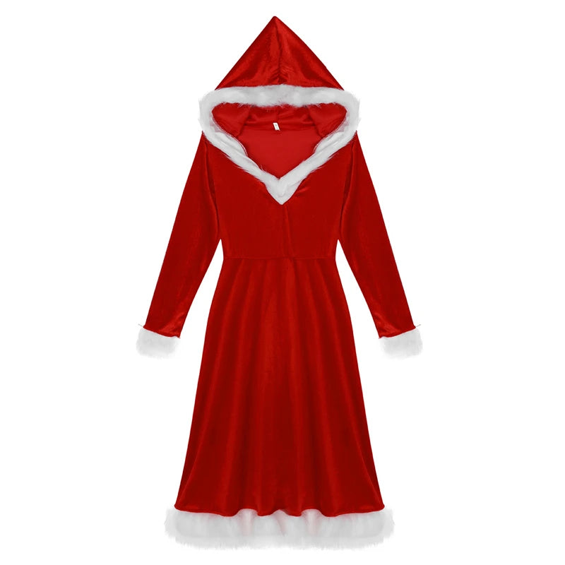 New Year Christmas Dress Women Adult Xmas Santa Costume Sexy Costume Long Sleeve Plush Warm Hooded Fancy Pleated Dresses