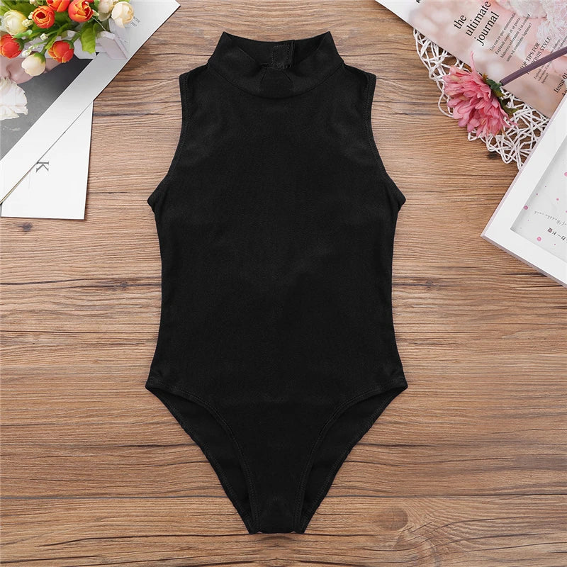 Girls Ballet Dance Leotard Sleeveless Open Back High Mock-Turtleneck Neck Cutout Back Ballet Gymnastics Leotard Body Suit